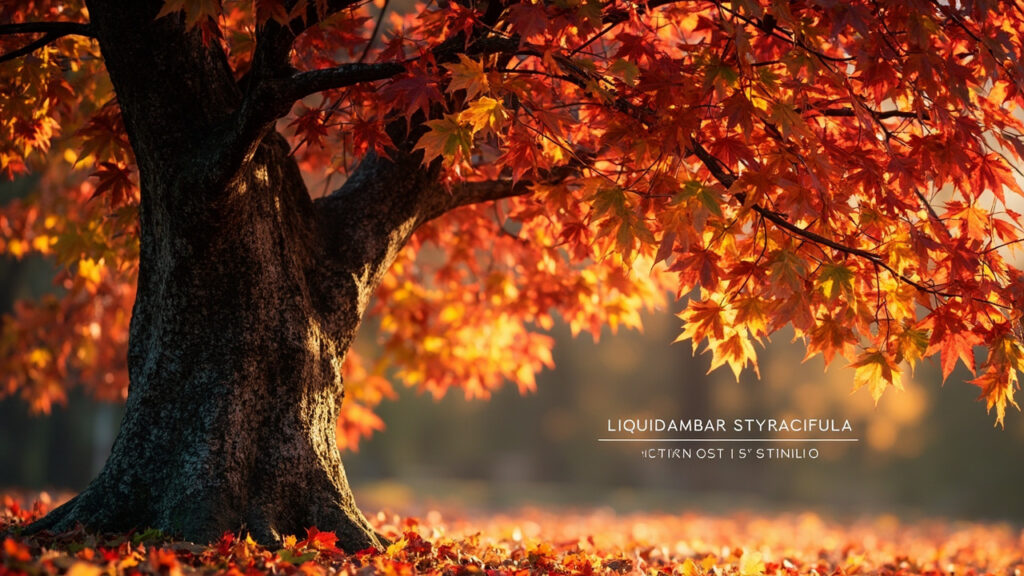 Liquidambar styraciflua : arbre ornemental au feuillage automnal avec texte